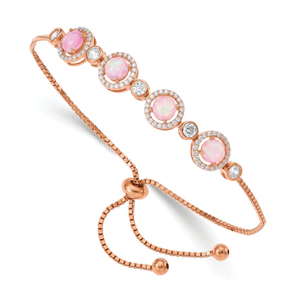 Sterling Silver Rose-Tone Created Opal And Cz Adjustable Bracelet