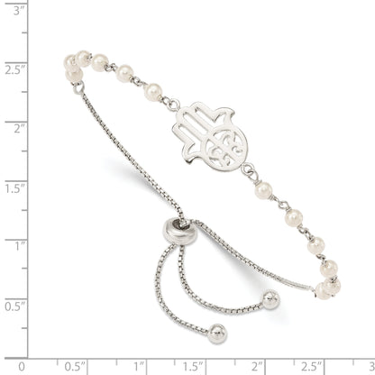 Sterling Silver Hamsa W/ Simulated Pearl Adjustable Bracelet