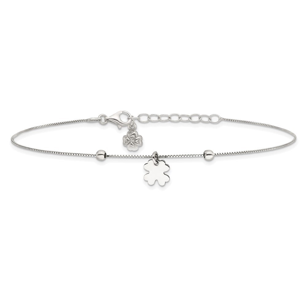 Sterling Silver Rhodium-Plated Clover Dangle 9In W/1In Ext Anklet