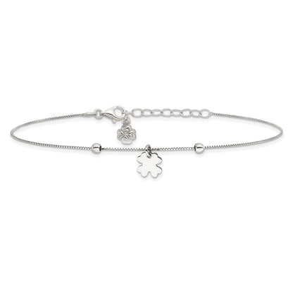 Sterling Silver Rhodium-Plated Clover Dangle 9In W/1In Ext Anklet