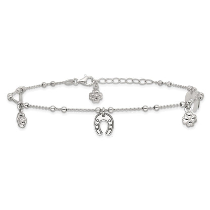 Sterling Silver Rhodium-Plated Clover/Horseshoe Dangle 9In W/1In Ext Anklet