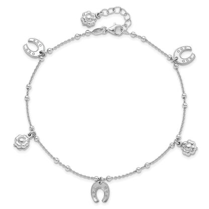 Sterling Silver Rhodium-Plated Clover/Horseshoe Dangle 9In W/1In Ext Anklet