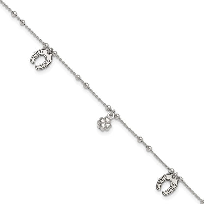 Sterling Silver Rhodium-Plated Clover/Horseshoe Dangle 9In W/1In Ext Anklet