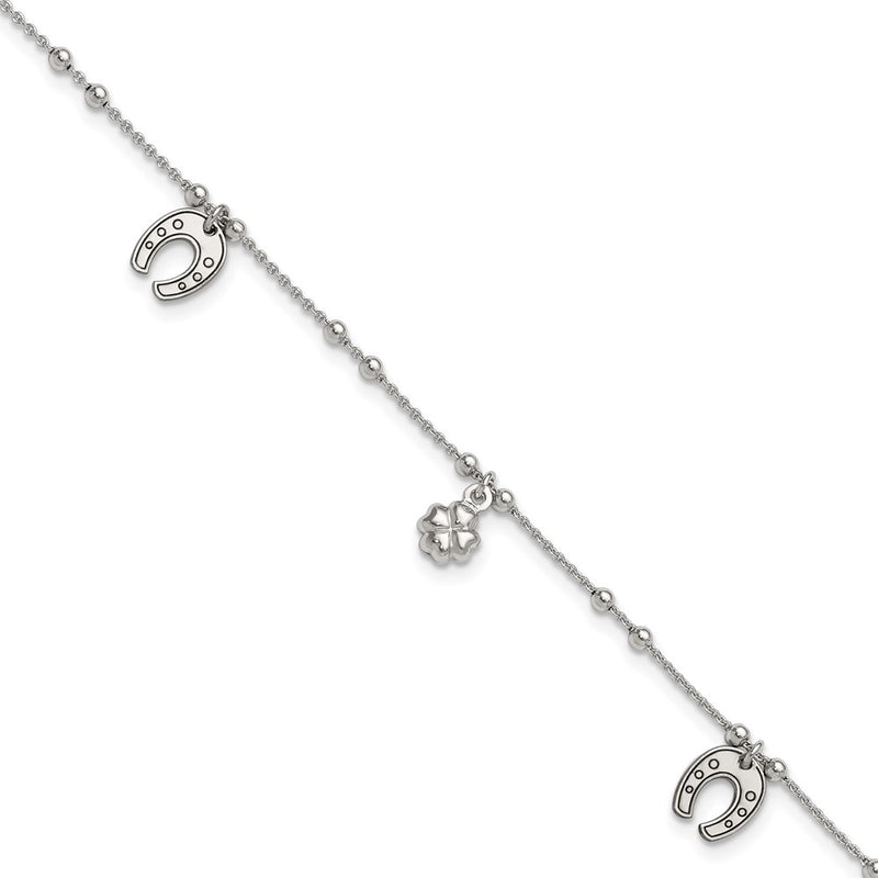 Sterling Silver Rhodium-Plated Clover/Horseshoe Dangle 9In W/1In Ext Anklet