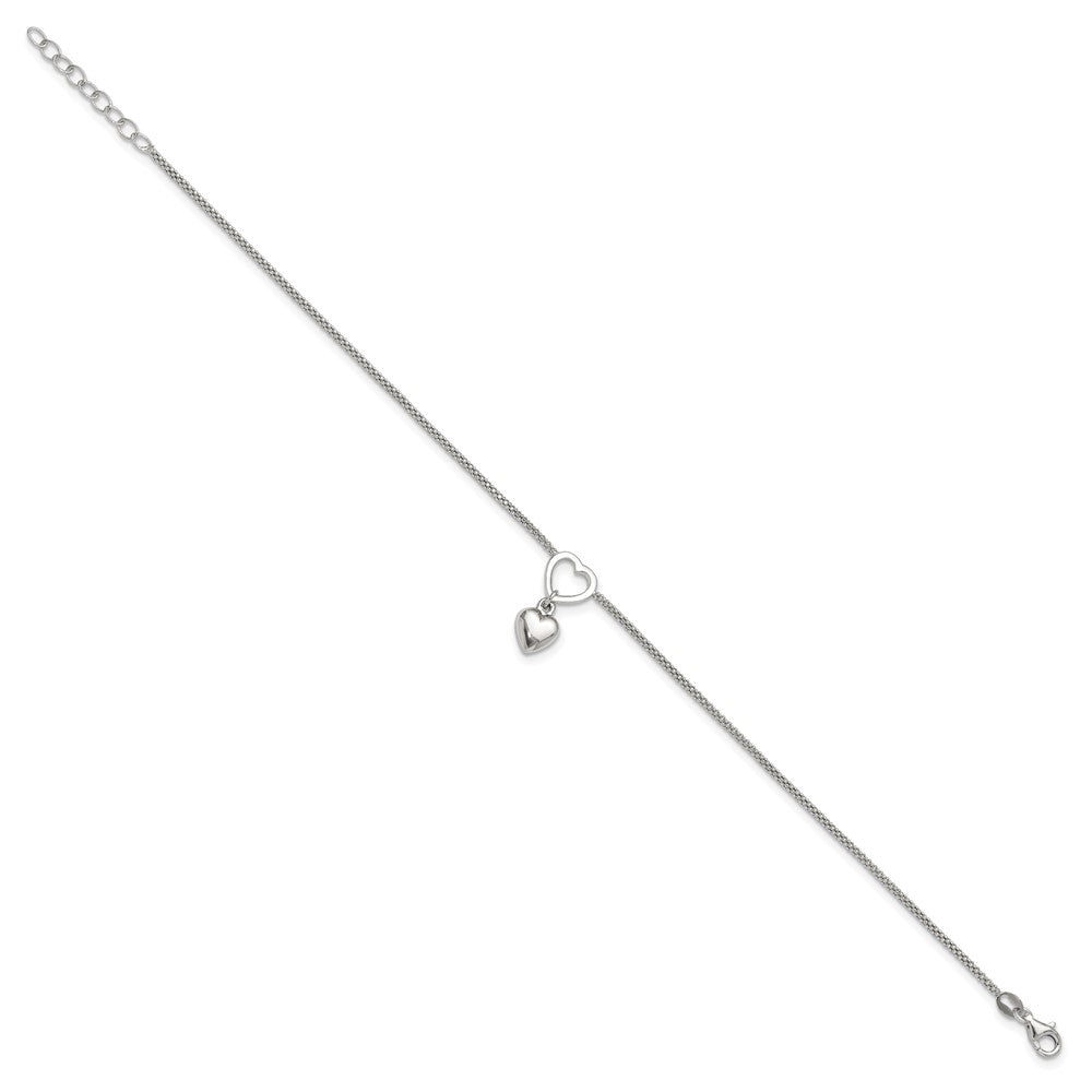 Sterling Silver Rhodium-Plated Heart Dangle Charm 9In W/1In Ext Anklet