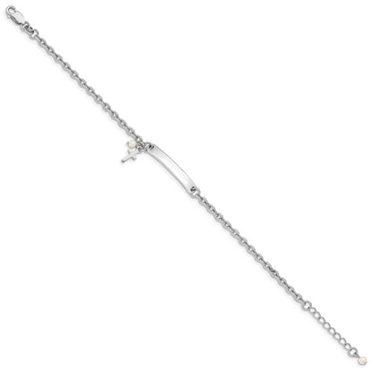 6 Inch Sterling Silver Rh-Plated Cross Syn Pearl 6In Plus1In Ext. Id Bracelet