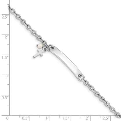 6 Inch Sterling Silver Rh-Plated Cross Syn Pearl 6In Plus1In Ext. Id Bracelet