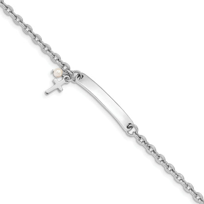 6 Inch Sterling Silver Rh-Plated Cross Syn Pearl 6In Plus1In Ext. Id Bracelet