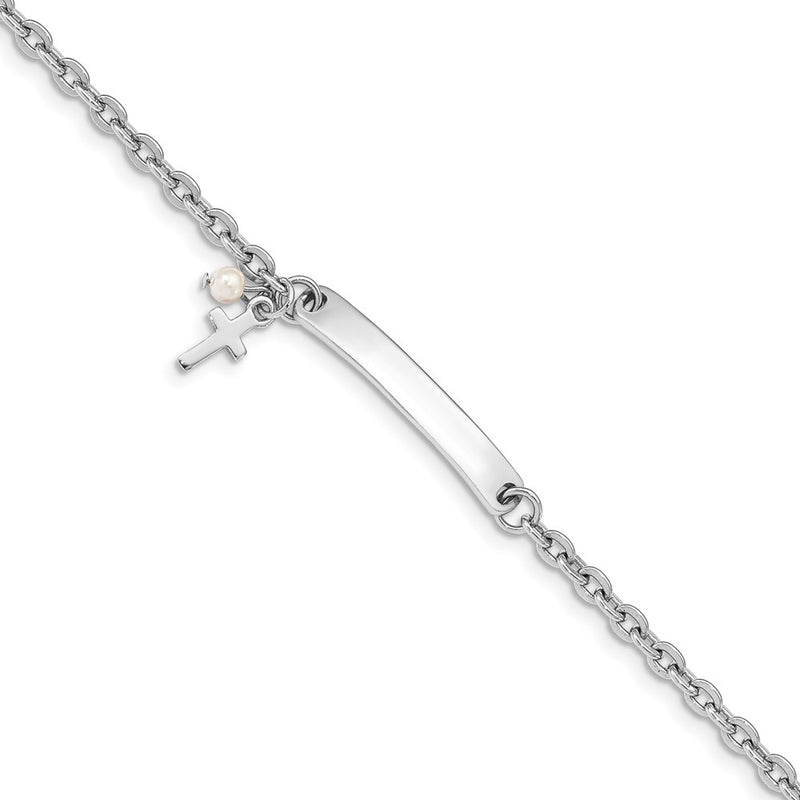 6 Inch Sterling Silver Rh-Plated Cross Syn Pearl 6In Plus1In Ext. Id Bracelet