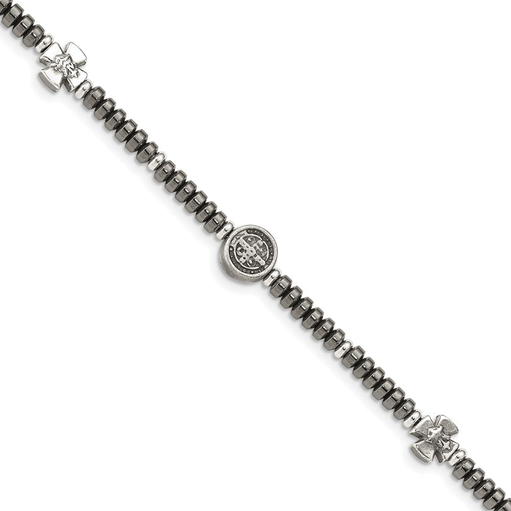 8 Inch Sterling Silver Antiqued Black Bead With Crosses Bracelet