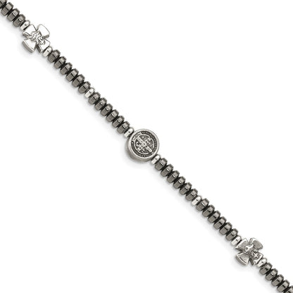 8 Inch Sterling Silver Antiqued Black Bead With Crosses Bracelet