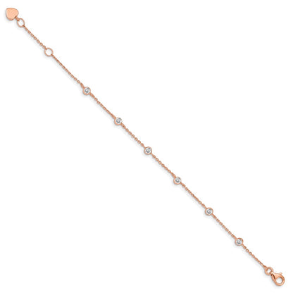 7 Inch Sterling Silver Rose-Tone W/ .75In Ext. Cz Heart Bracelet