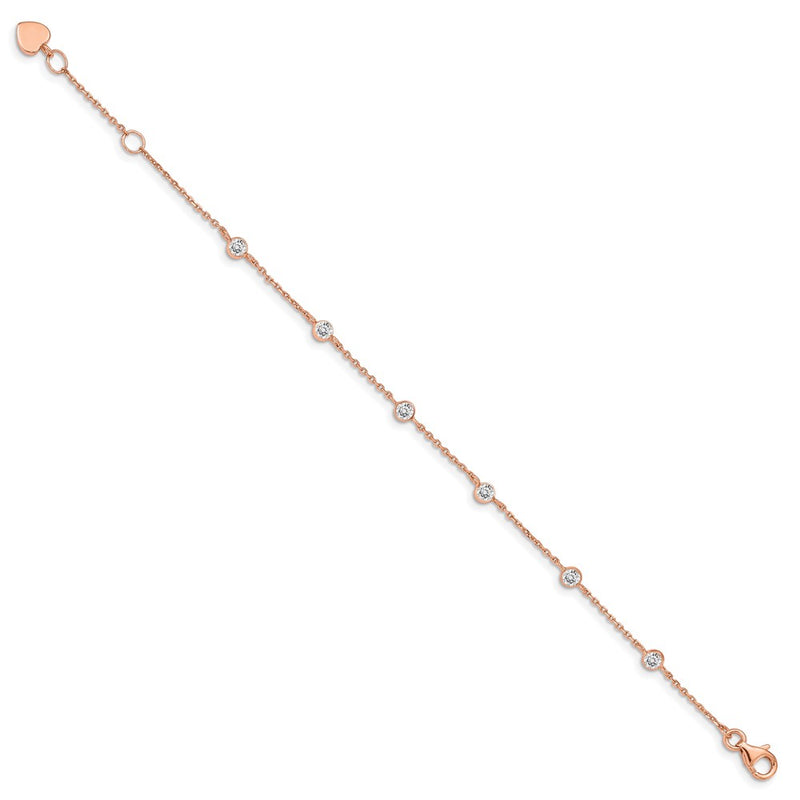 7 Inch Sterling Silver Rose-Tone W/ .75In Ext. Cz Heart Bracelet