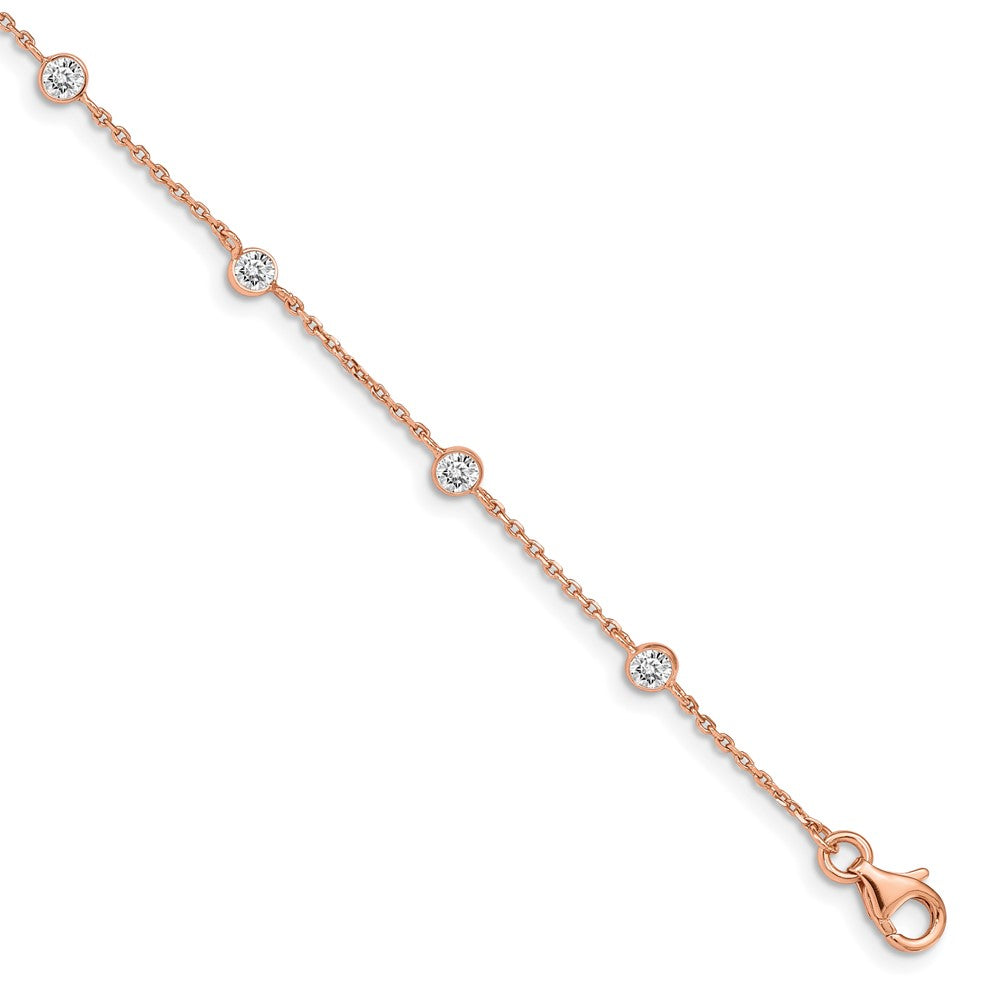 7 Inch Sterling Silver Rose-Tone W/ .75In Ext. Cz Heart Bracelet