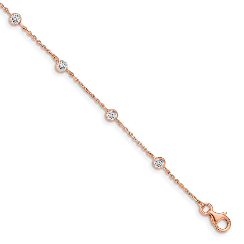 7 Inch Sterling Silver Rose-Tone W/ .75In Ext. Cz Heart Bracelet