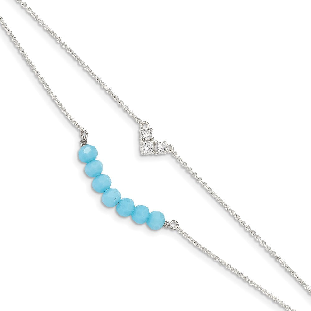 6 Inch Sterling Silver Cz And Blue Glass Beads W/ 1In Ext. Bracelet