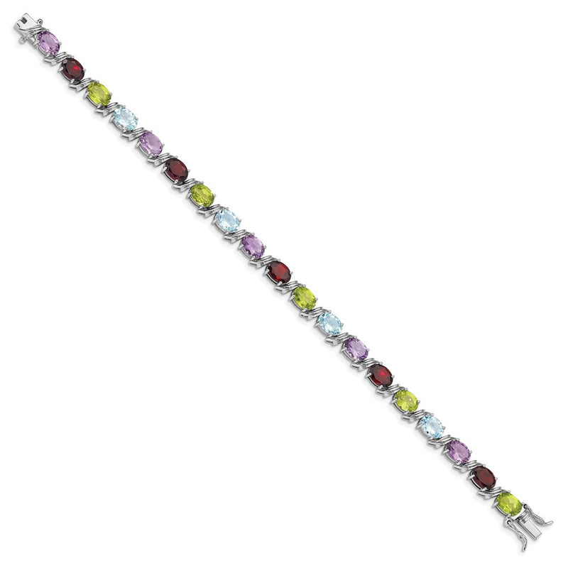 7.5 Inch Sterling Silver Rhodium-Plated Oval Multi-Gemstone Bracelet