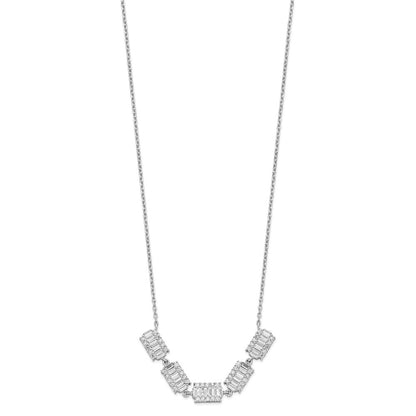 Sterling Silver Rhodium-Plated Baguette Cz Bars W/ 1In Ext. Necklace