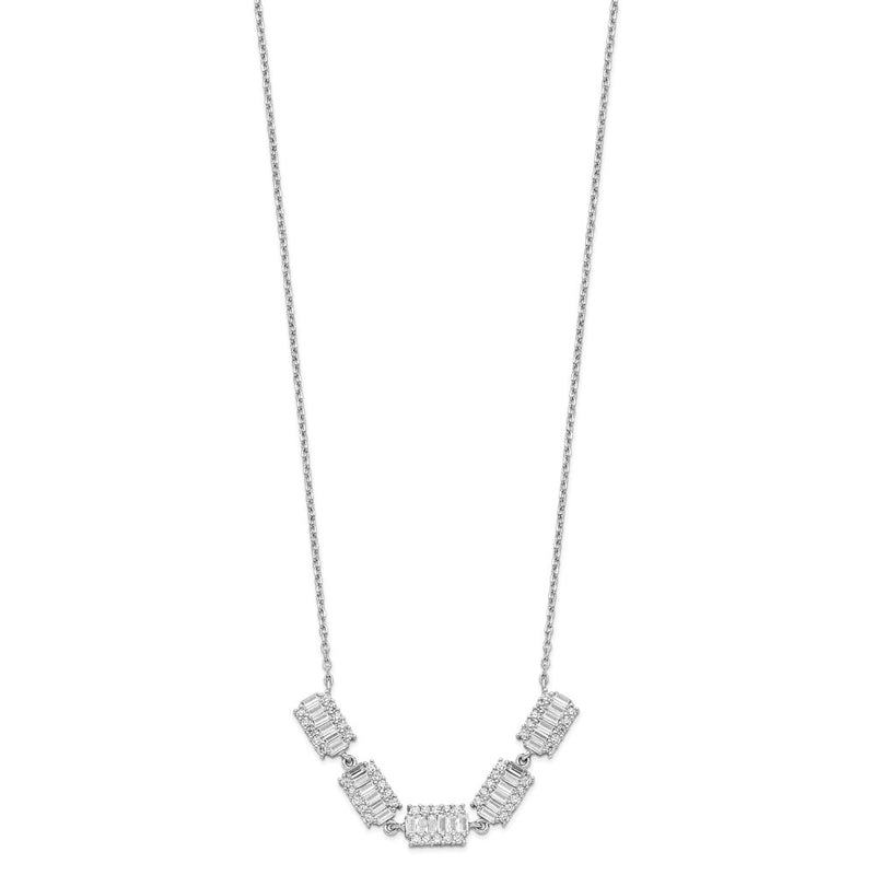 Sterling Silver Rhodium-Plated Baguette Cz Bars W/ 1In Ext. Necklace