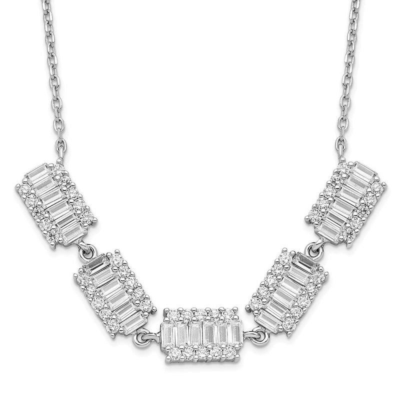 Sterling Silver Rhodium-Plated Baguette Cz Bars W/ 1In Ext. Necklace