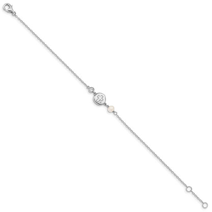 6.75 Inch Sterling Silver Rh-Plated Cz/Cross/Fwc Pearl W/0.5In Ext Bracelet