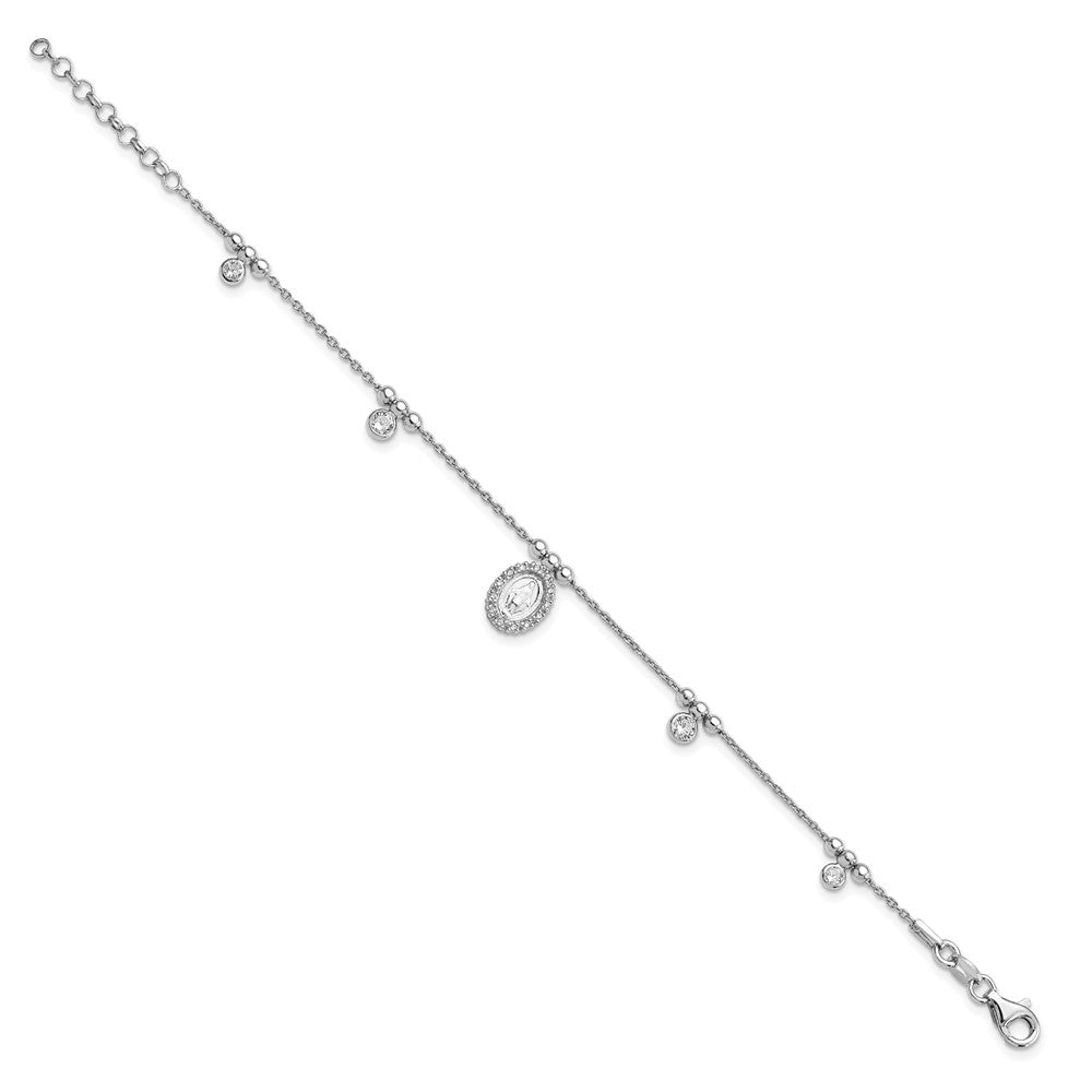 6 Inch Sterling Silver Rhodium-Plated Cz Miraculous Medal W/1In Ext. Bracelet