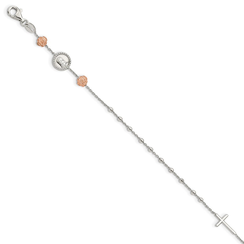 Sterling Silver Beaded With Rose-Tone Roses Religious 7 Inch Bracelet With1 Extension