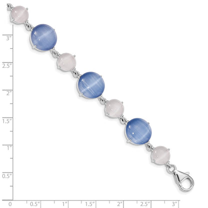 7 Inch Sterling Silver Rh-Plated Created Blue Cats Eye W/ 1In Ext Bracelet