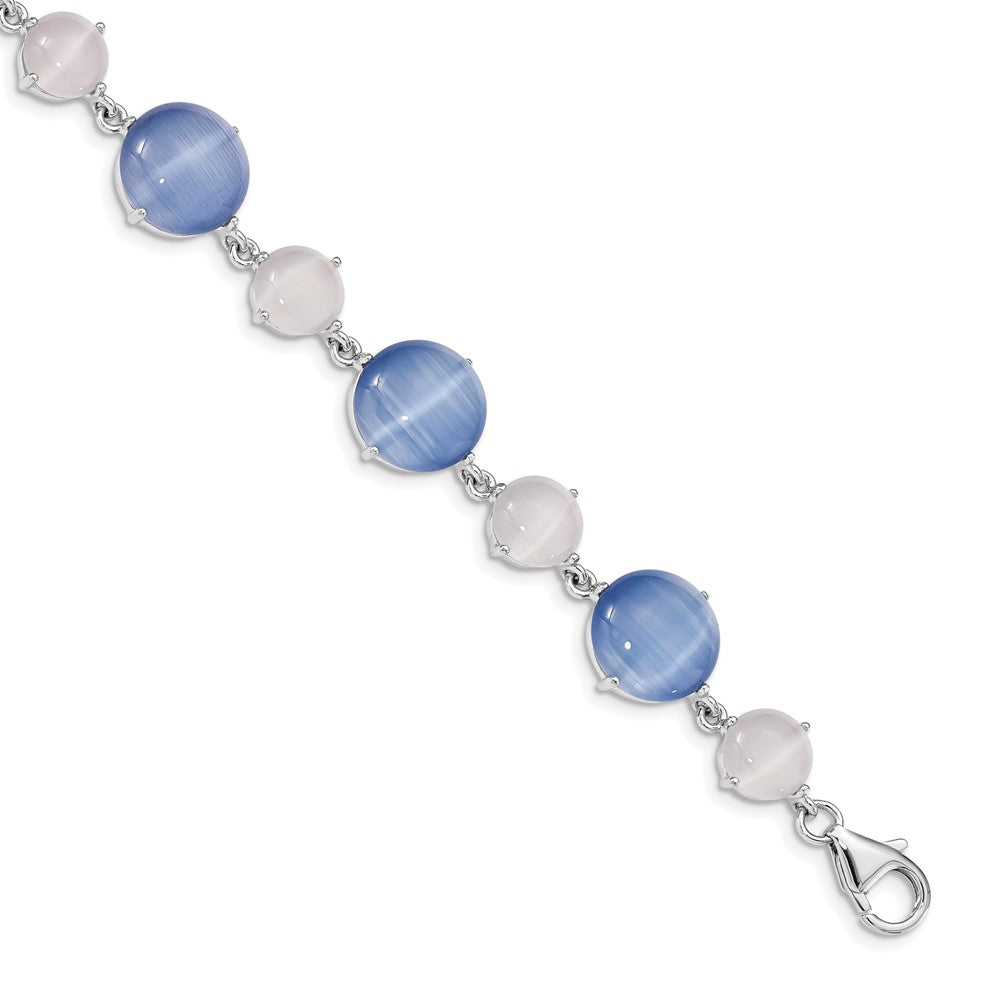 7 Inch Sterling Silver Rh-Plated Created Blue Cats Eye W/ 1In Ext Bracelet