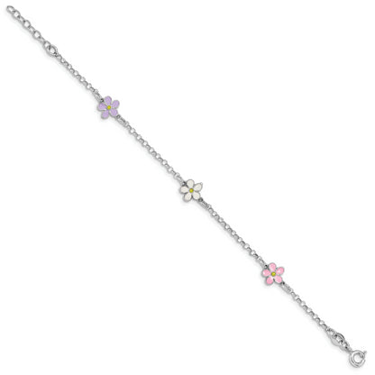 7 Inch Sterling Silver Rh-Plated Enameled Flower W/ .75In Ext. Children'S Bracelet