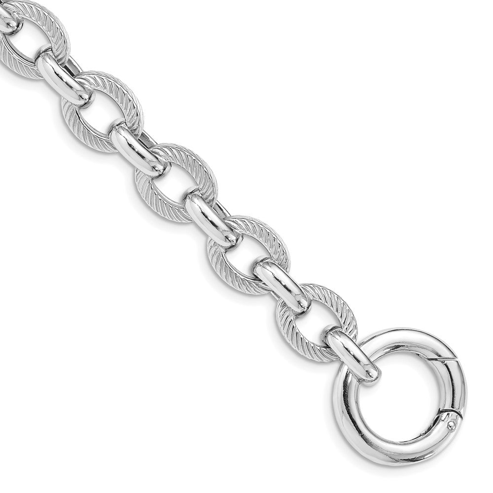 7.25 Inch Sterling Silver Rhodium Plated Polished Textured Fancy Link Bracelet