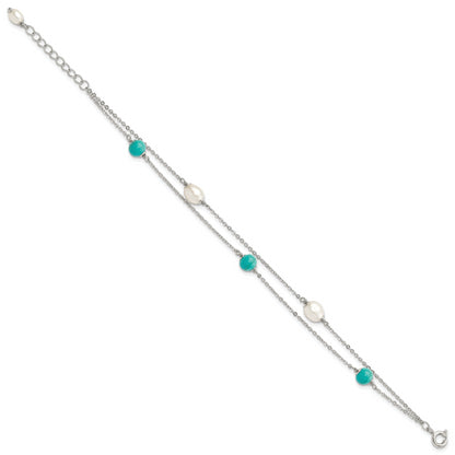 7 Inch Sterling Silver Rhodium-Plated Turquoise/Fwc Pearl W/1In Ext Bracelet