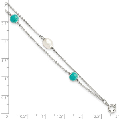 7 Inch Sterling Silver Rhodium-Plated Turquoise/Fwc Pearl W/1In Ext Bracelet