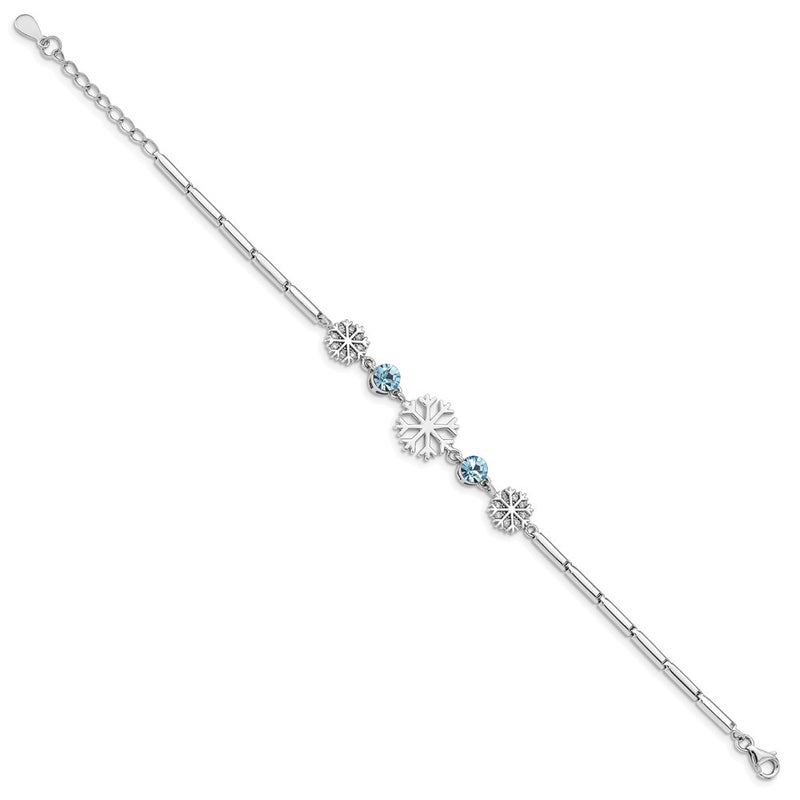 6.5 Inch Sterling Silver Rh-Plated Crystal Snowflake W/1In Ext Bracelet