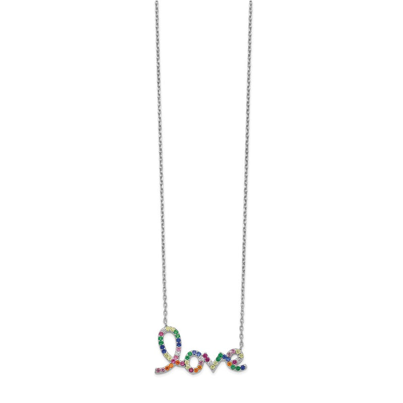 Sterling Silver Prizma Rhodium-Plated 16 Inch Colorful Cz Love Necklace With 2 Extender