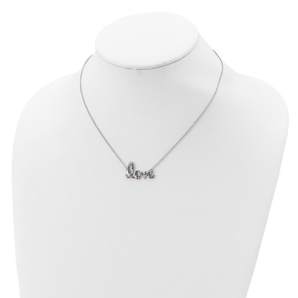 Sterling Silver Prizma Rhodium-Plated 16 Inch Colorful Cz Love Necklace With 2 Extender