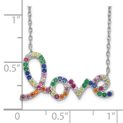 Sterling Silver Prizma Rhodium-Plated 16 Inch Colorful Cz Love Necklace With 2 Extender