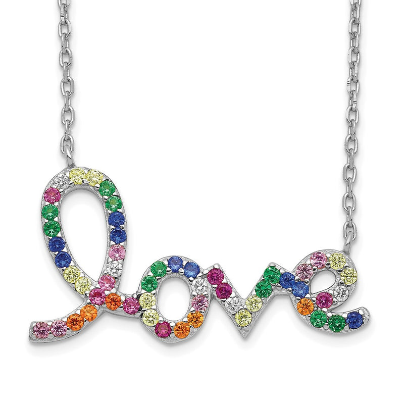 Sterling Silver Prizma Rhodium-Plated 16 Inch Colorful Cz Love Necklace With 2 Extender