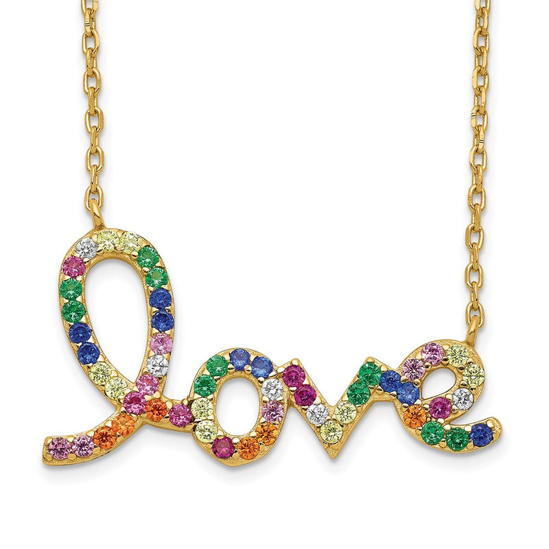 Sterling Silver Prizma Gold-Tone 14K Flash Gold-Plated 16 Inch Colorful Cz Love Necklace With 2 Extender