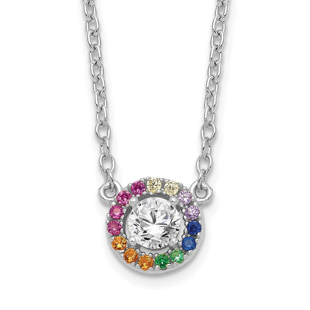 Sterling Silver Prizma Rhodium-Plated 16 Inch White And Colorful Cz Circle Necklace With 2 Extender