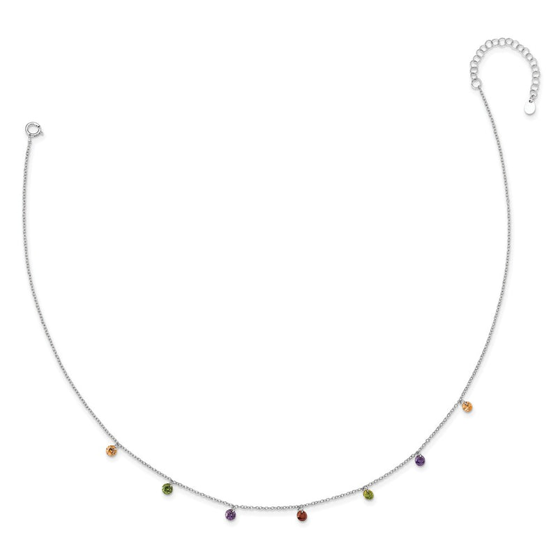 Sterling Silver Prizma Rhodium Plated 16 Inch Dangling Colorful Cz Necklace With 2 Extender