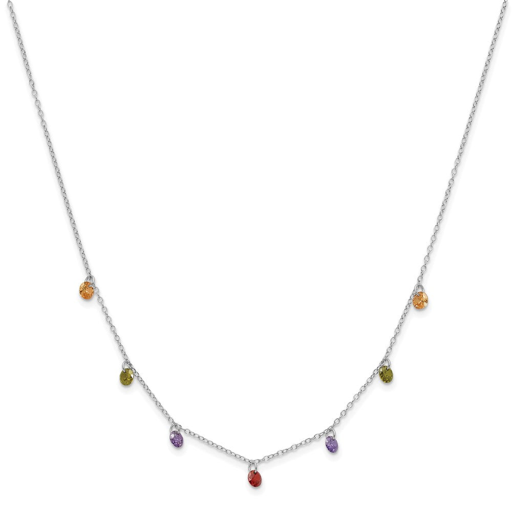 Sterling Silver Prizma Rhodium Plated 16 Inch Dangling Colorful Cz Necklace With 2 Extender