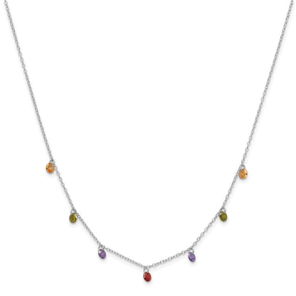 Sterling Silver Prizma Rhodium Plated 16 Inch Dangling Colorful Cz Necklace With 2 Extender