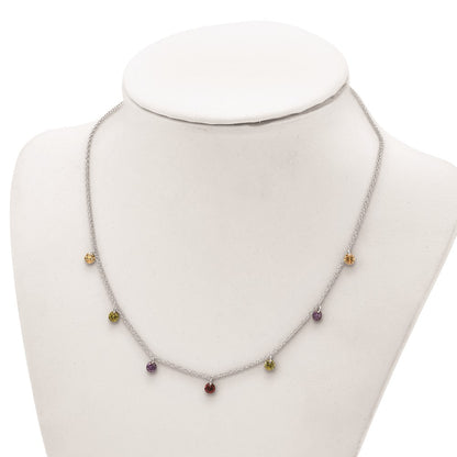 Sterling Silver Prizma Rhodium Plated 16 Inch Dangling Colorful Cz Necklace With 2 Extender