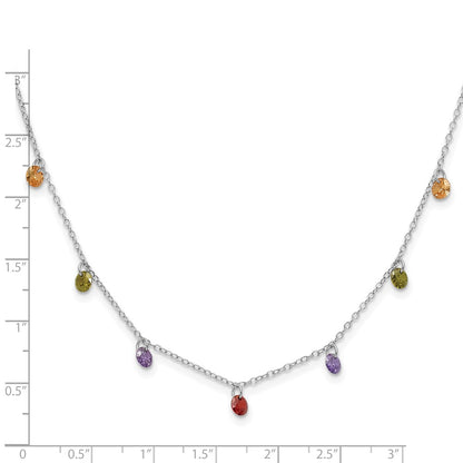 Sterling Silver Prizma Rhodium Plated 16 Inch Dangling Colorful Cz Necklace With 2 Extender