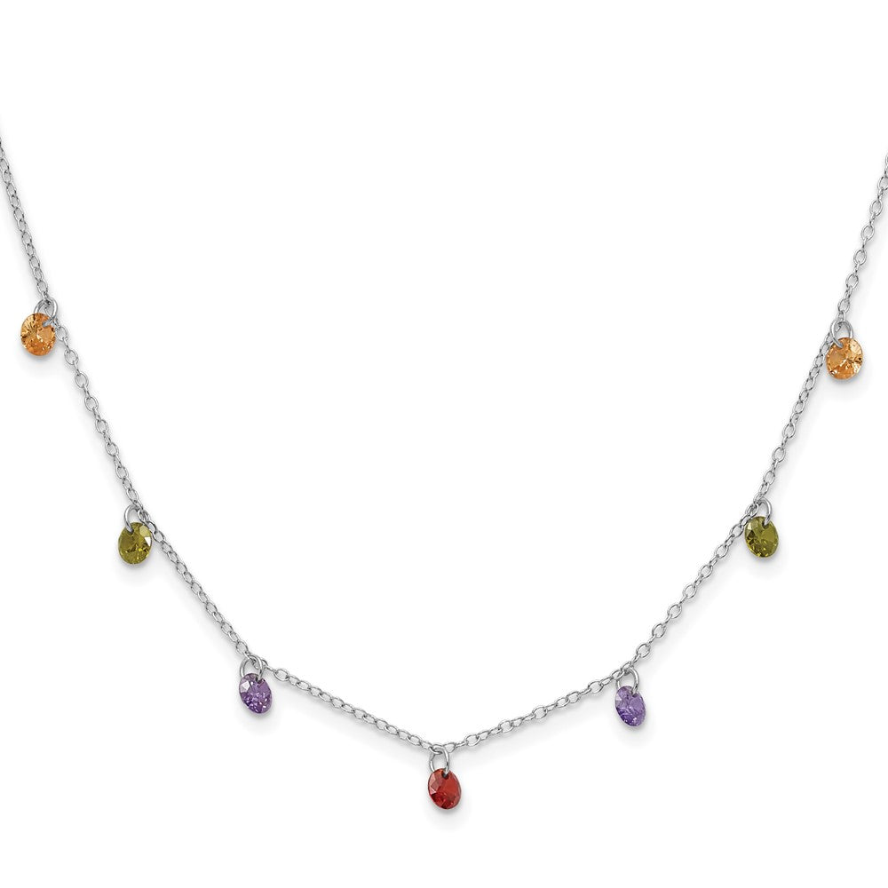 Sterling Silver Prizma Rhodium Plated 16 Inch Dangling Colorful Cz Necklace With 2 Extender