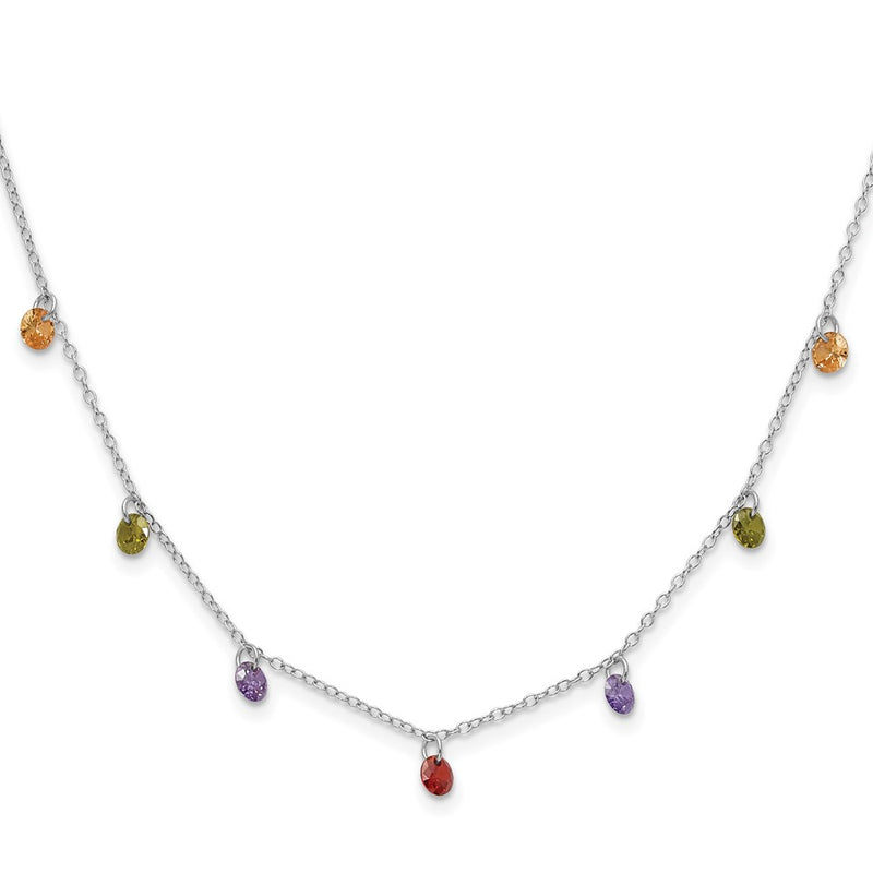 Sterling Silver Prizma Rhodium Plated 16 Inch Dangling Colorful Cz Necklace With 2 Extender