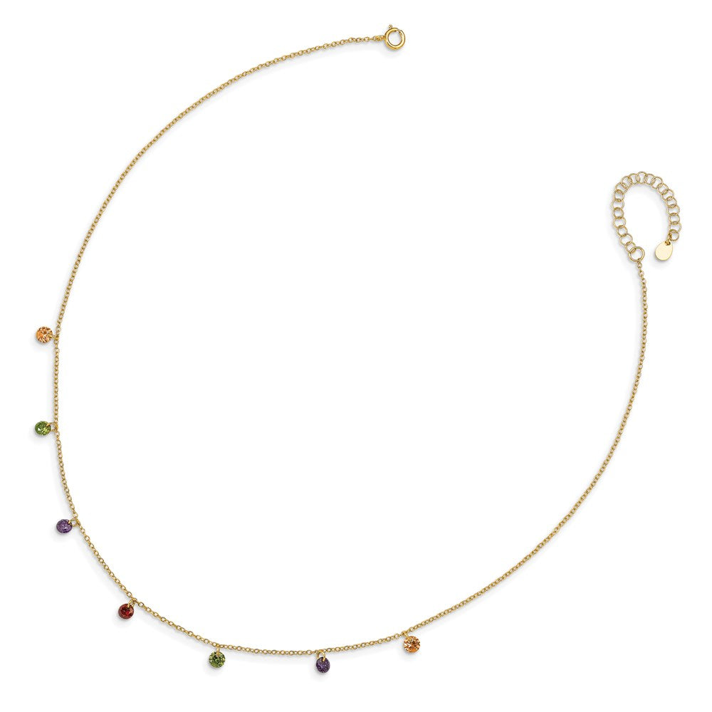 Sterling Silver Prizma Gold-Tone 14K Flash Gold-Plated 16 Inch Dangling Colorful Cz Necklace With 2 Extender