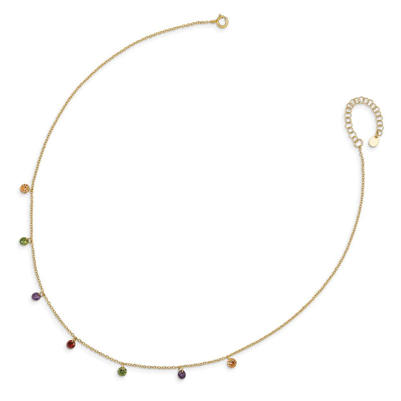 Sterling Silver Prizma Gold-Tone 14K Flash Gold-Plated 16 Inch Dangling Colorful Cz Necklace With 2 Extender