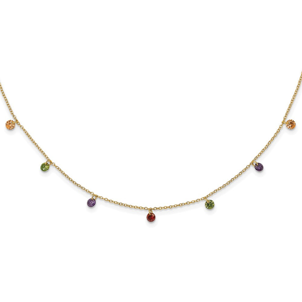 Sterling Silver Prizma Gold-Tone 14K Flash Gold-Plated 16 Inch Dangling Colorful Cz Necklace With 2 Extender